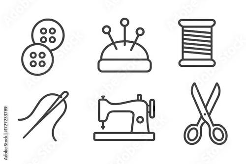 Set of essential sewing and tailoring tools including buttons, pincushion, thread, needle, sewing machine, and scissors for handicraft and textile work