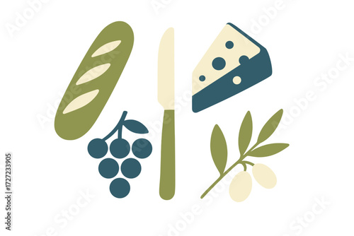 Gourmet food elements featuring cheese, baguette, grapes, olives, and a knife for a sophisticated meal