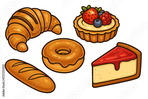 Assortment of freshly baked pastries and sweet desserts including croissant donut baguette fruit tart cheesecake