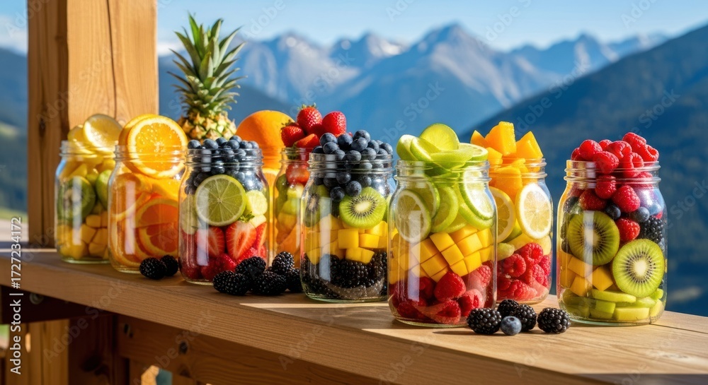 Fototapeta premium Fruit-filled jars on wooden railing, mountains in background, bright sunlight