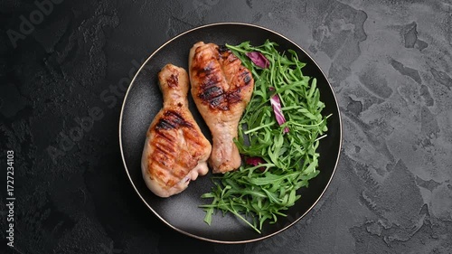 Grilled chicken served with fresh arugula salad on a dark textured plate