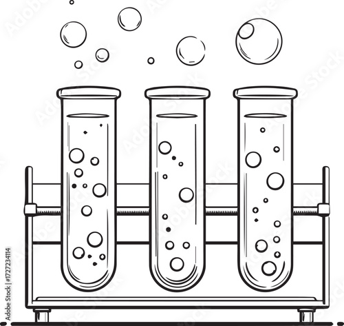 Black and white illustration of three test tubes in rack with bubbling liquids and floating bubbles — chemistry line art