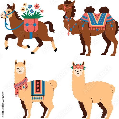 set of vector Mule, Camel, Llama, Alpaca on white background