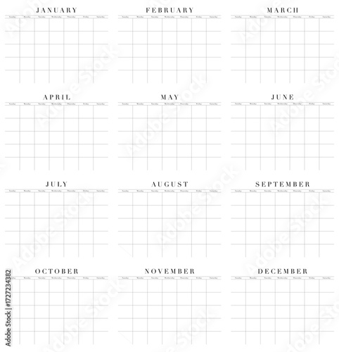Full Year Calendar Customizable Reusable Blank Grid, transparent background