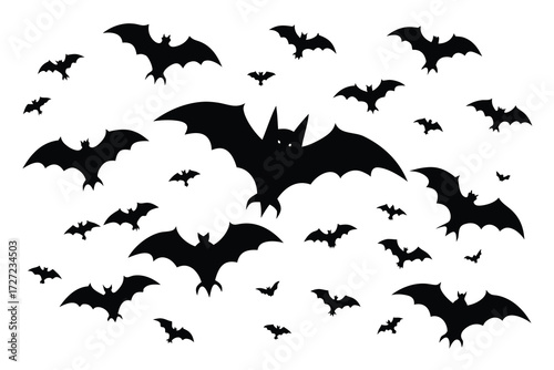 Silhouetted Bats Flying on White Background, Halloween Decoration, Black Bats Illustration