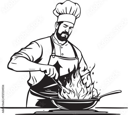 Black and white chef illustration with apron, beard, and flambé flames — dramatic cooking pose in professional kitchen