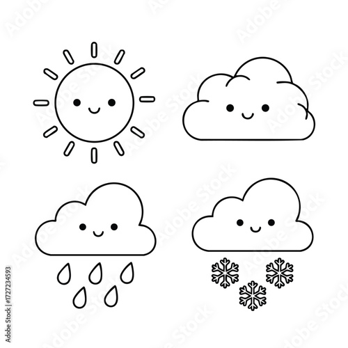 Playful weather symbols featuring a smiling sun, cheerful clouds, and happy rain and snow icons for kids.