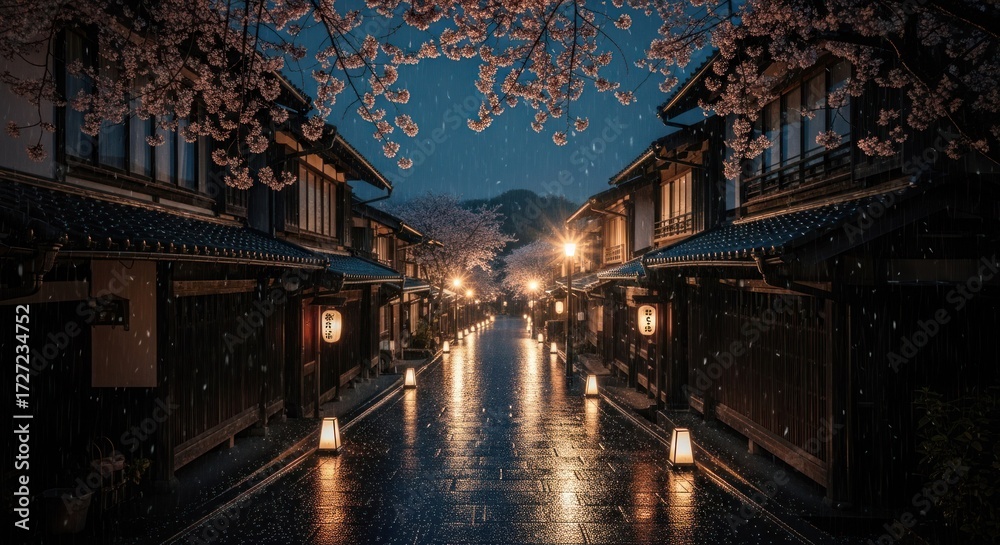 Fototapeta premium Glistening street in a Japanese town lined with traditional houses under blooming trees
