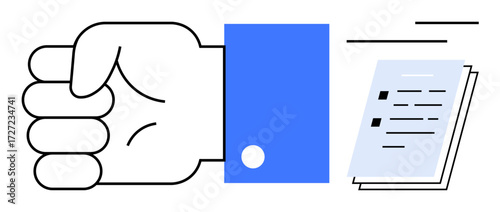 Fist in motion pushing papers away with force, symbolizing rejection, determination, and action. Ideal for decision, prioritization, rejection, energy strength assertiveness workflow. Simple flat