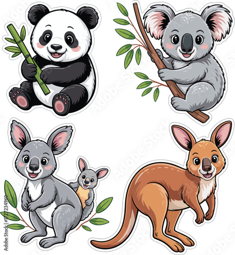 set of vector Panda, Koala, Kangaroo, Wallaby on white background