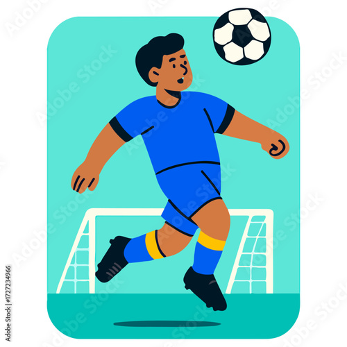 Kid Football Striker Shooting — Soccer Forward at Goal, Flat Cartoon Vector