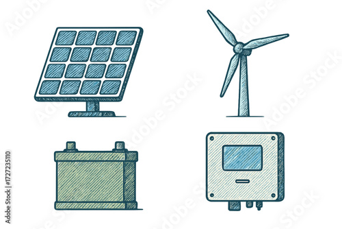 Renewable energy system components including solar panel, wind turbine, battery, and power inverter for sustainable electricity generation