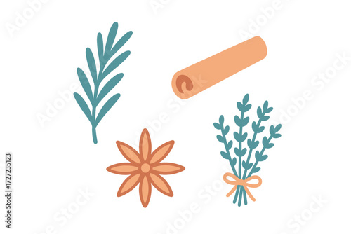 Aromatic culinary herbs and spices set including rosemary, cinnamon stick, star anise, and lavender sprigs