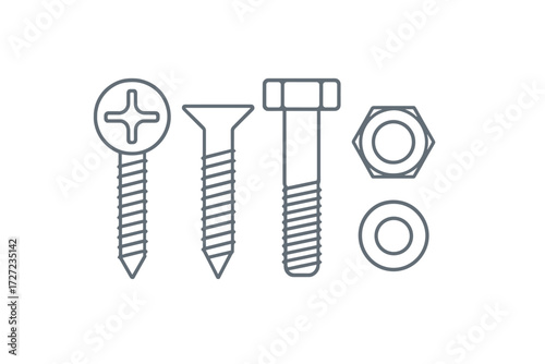 Assortment of common hardware fasteners including screws, bolt, nut, and washer for construction and repair