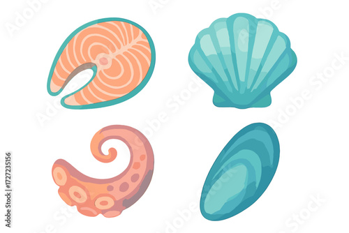Delicious seafood collection featuring salmon steak, blue scallop, octopus tentacle, and green mussel