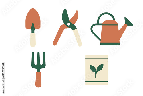 Various gardening equipment including trowel, shears, watering can, hand fork, and seed packet for horticulture