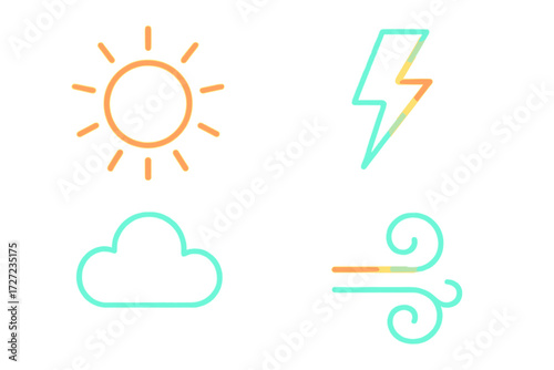 Collection of minimalist weather forecast symbols with sun, cloud, lightning bolt, and wind elements