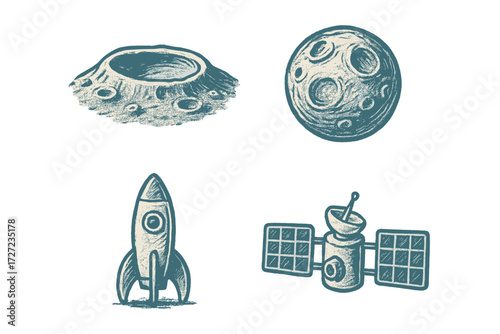 Collection of space exploration elements featuring the moon, lunar craters, a rocket, and a communication satellite in a unique textured drawing style