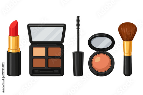 Collection of essential beauty products including lipstick, eyeshadow palette, mascara, blush, and a makeup brush