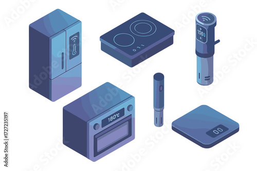 Modern smart kitchen appliances and internet of things technology including refrigerator, oven, and cooking tools