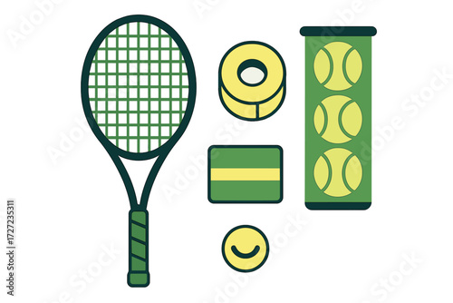 Tennis racket, tennis balls, and various sports accessories for professional and recreational play, essential equipment for the court