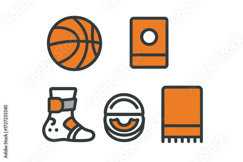 Basketball game equipment and accessories set including ball, scoreboard, ankle brace, whistle, and towel