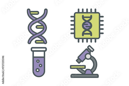 Modern science and technology concepts featuring DNA structure, laboratory test tube, microchip, and microscope