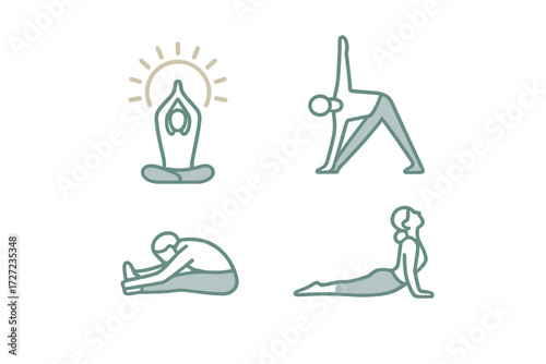 Set of various yoga poses demonstrating meditation, stretching, and physical exercise for wellness and healthy lifestyle
