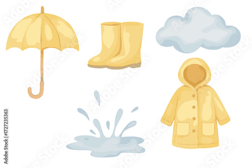 Bright yellow umbrella rain boots and raincoat with a soft blue cloud and splashing water puddle