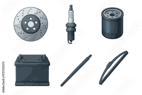 Automotive spare parts collection including brake disc spark plug oil filter battery and wiper blade for vehicle maintenance