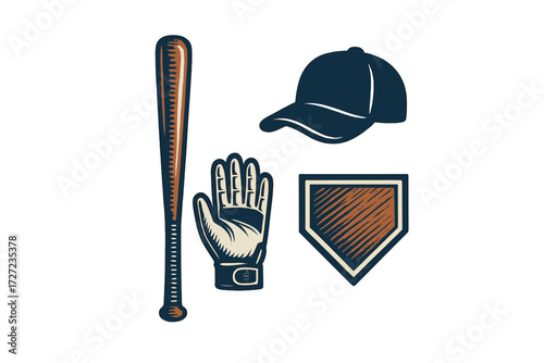 Classic baseball game equipment set including bat, cap, glove, and home plate for sports activity
