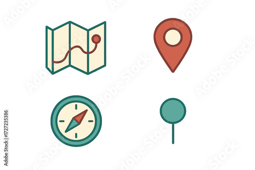 Navigation and location symbols with map, compass, and various pins for travel and geographic positioning
