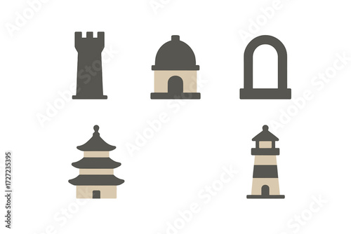 Collection of diverse architectural landmarks and building icons featuring a castle tower, pagoda, lighthouse, domed structure, and classic archway