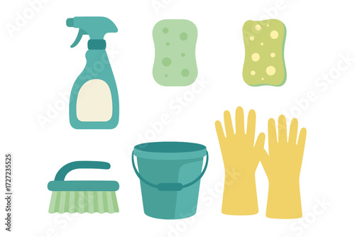 Assortment of essential household cleaning supplies featuring sponges, spray bottle, scrubbing brush, bucket, and rubber gloves