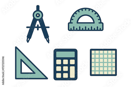 Collection of essential geometry and mathematics tools including compass, protractor, set square, and calculator