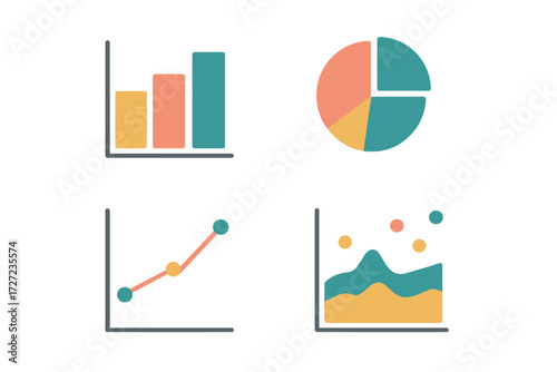 Collection of various data visualization charts including bar, pie, line, and area graphs for business analytics