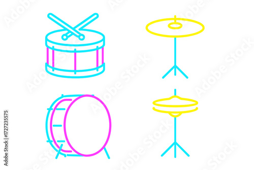 Vibrant neon outline icons of percussion instruments including various drums, cymbals, and drumsticks for music