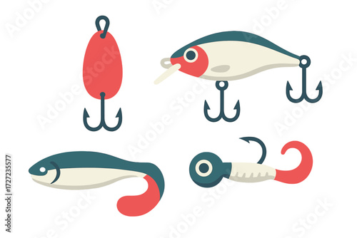 Variety of colorful fishing lures and artificial baits for recreational angling activity and sport fishing hobby