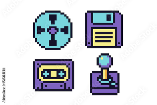 Retro pixel art icons featuring vintage technology, media storage, and classic gaming controllers