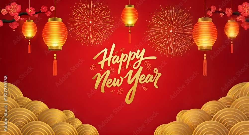 Naklejka premium Happy New Year card with festive Chinese lanterns, fireworks, and golden patterns on a red background.