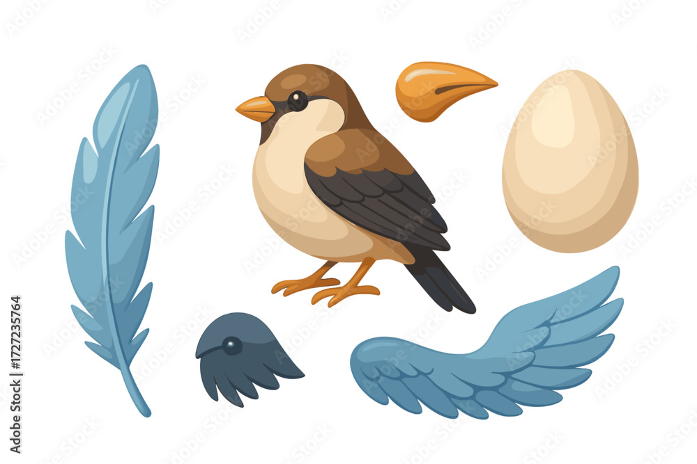 Fototapeta premium Adorable cartoon sparrow bird with individual feather, beak, wing, and egg components on a clean white background