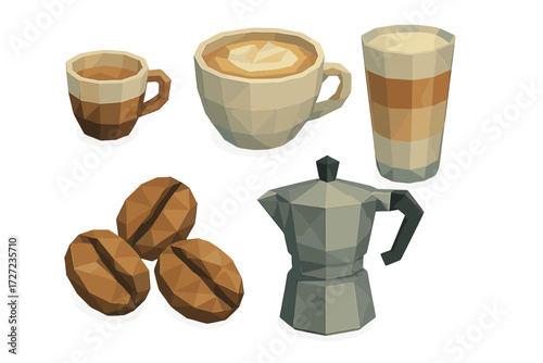 Low poly coffee elements featuring espresso, latte, coffee beans, and moka pot on a clean white background