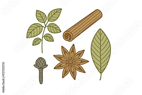 Assortment of aromatic cooking spices and fresh herbs including cinnamon stick, star anise, bay leaf, and clove