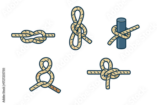 Set of diverse rope knots including figure eight, square knot, and cleat hitch for maritime and outdoor activities