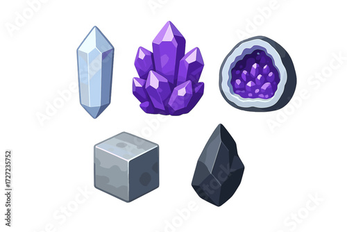 Detailed collection of stylized crystals, amethyst geode, raw minerals, and natural rock formations on a white background