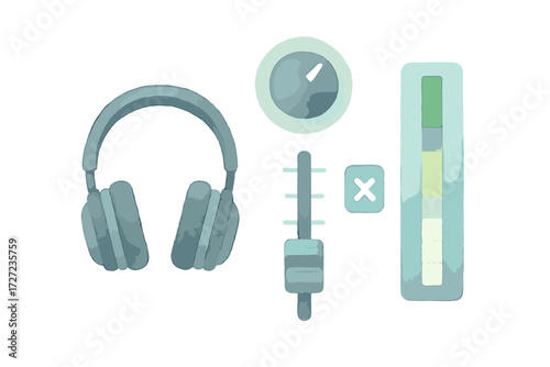 Audio control panel elements with headphones, volume dial, equalizer slider, sound level meter, and mute button