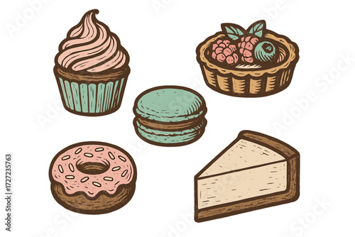 Delicious assortment of baked goods and sweet treats including a cupcake, macaron, fruit tart, donut, and cheesecake