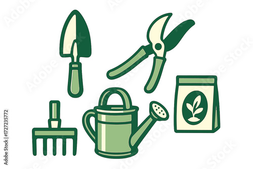Collection of essential gardening tools and supplies for planting, cultivation, and garden maintenance activities