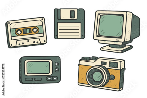 Assortment of vintage tech objects such as a compact cassette, floppy diskette, desktop computer screen, handheld pager, and film camera