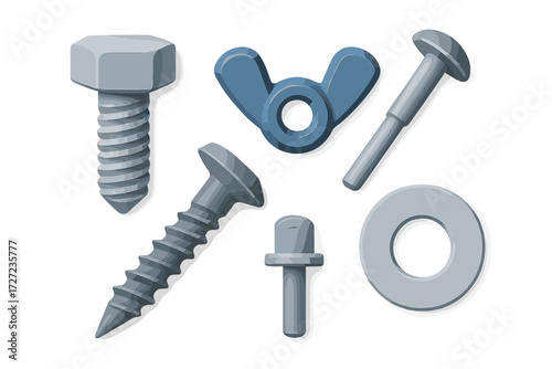 Collection of industrial metal fasteners and hardware components, including various bolts, screws, nuts, and washers, essential for construction and mechanical projects